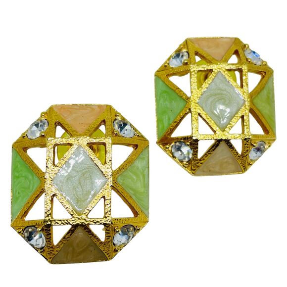 AVON signed vintage gold tone enamel rhinestone designer pierced earrings